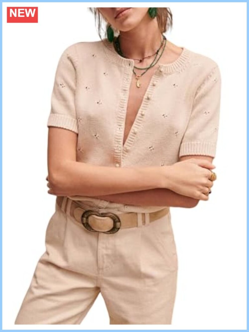 Cotton Crochet Knit Cardigan Short Sleeve Button Down Crewneck Top